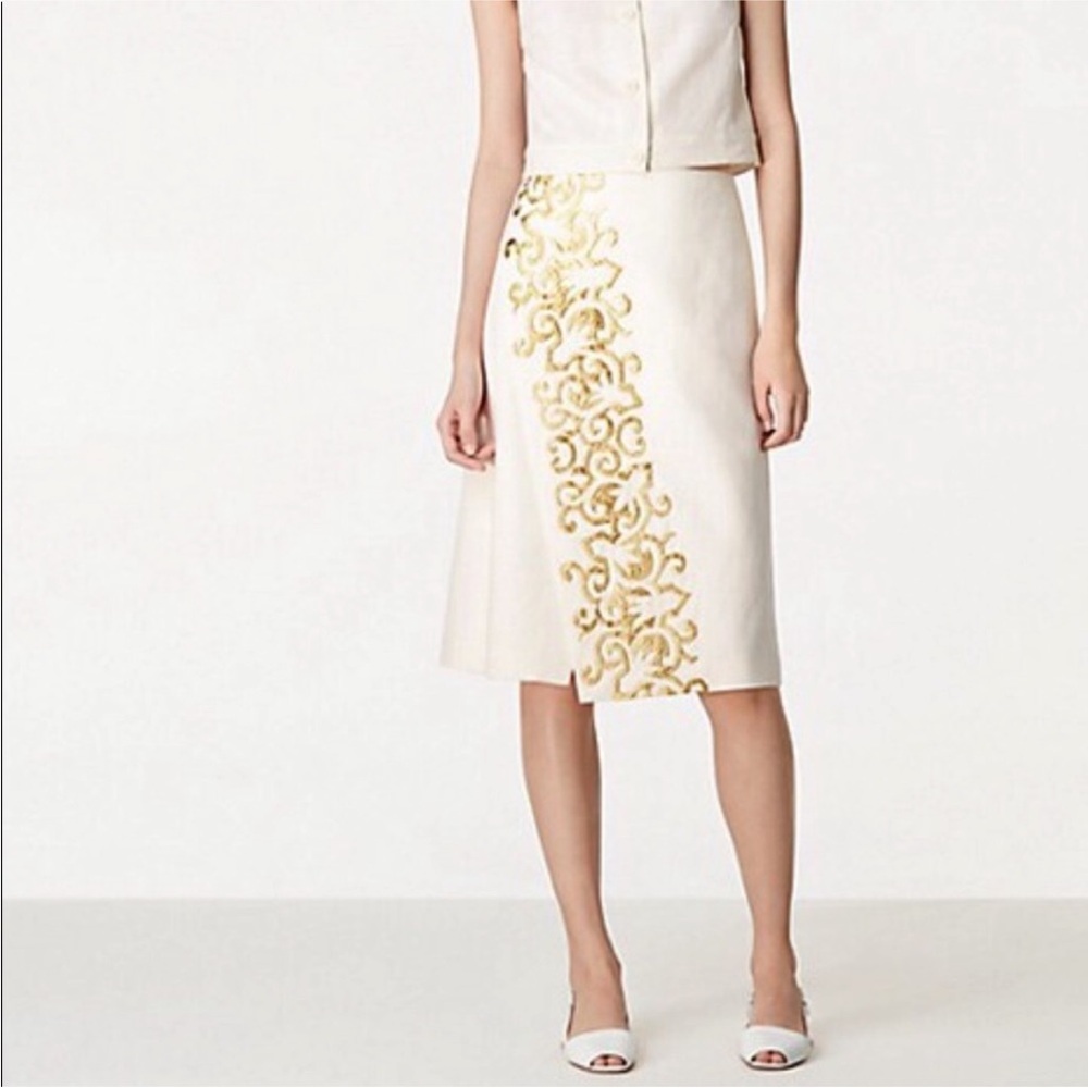 Tory Burch Ivory Gold Kathleen Embroidered Linen Wrap Skirt size 6